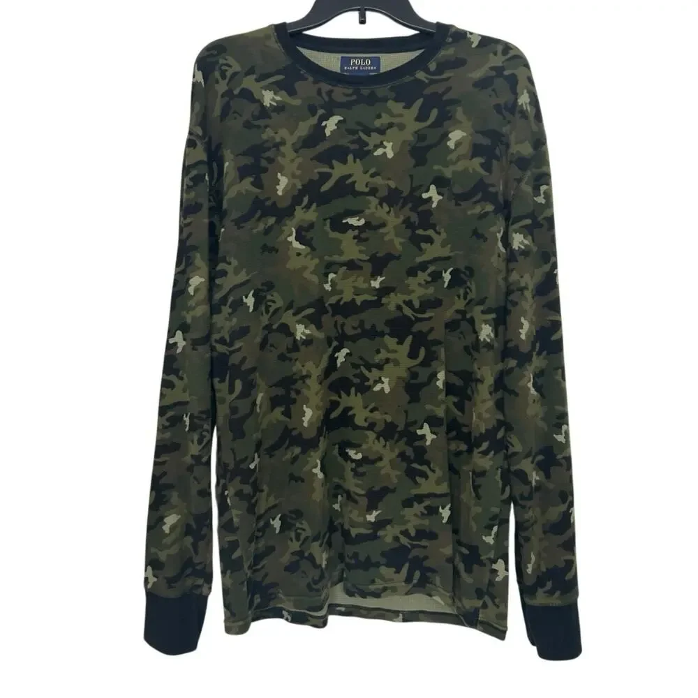 Polo Ralph Lauren Fitted Camo Waffle Knit Thermal Shirt XL Y2K Grunge Streetwear